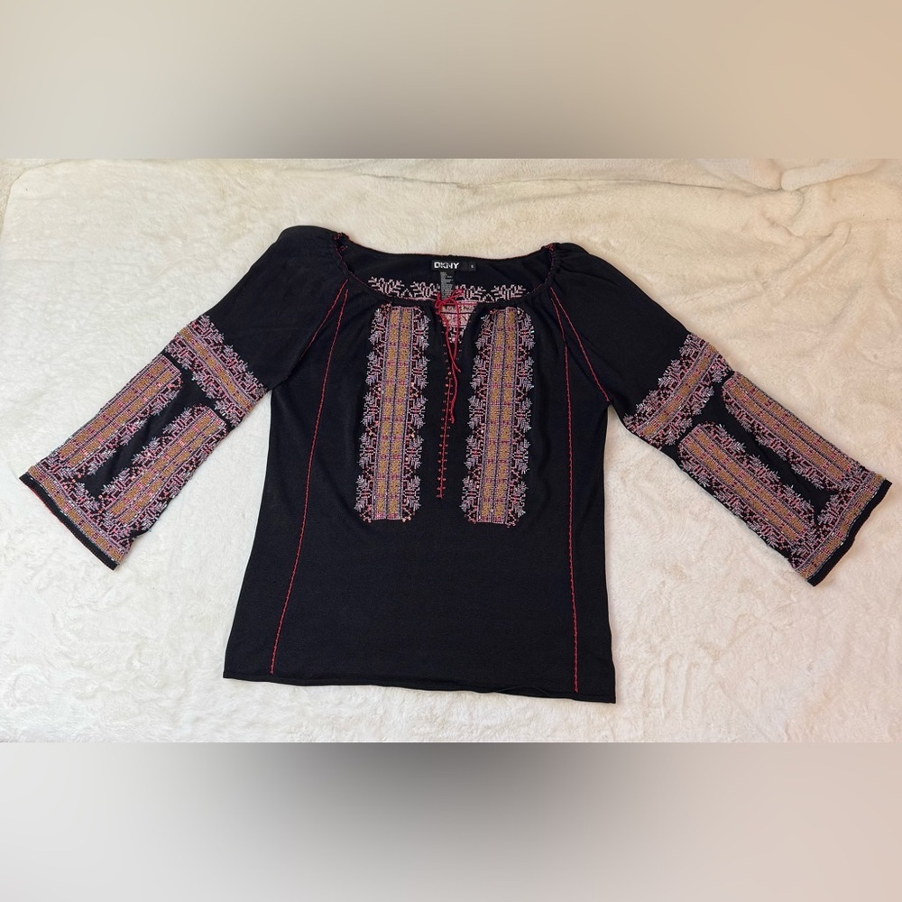 DKNY Beaded & Embroidered Silk Boho Peasant Blouse Festival Top, Flare Sleeves - Picture 15 of 16